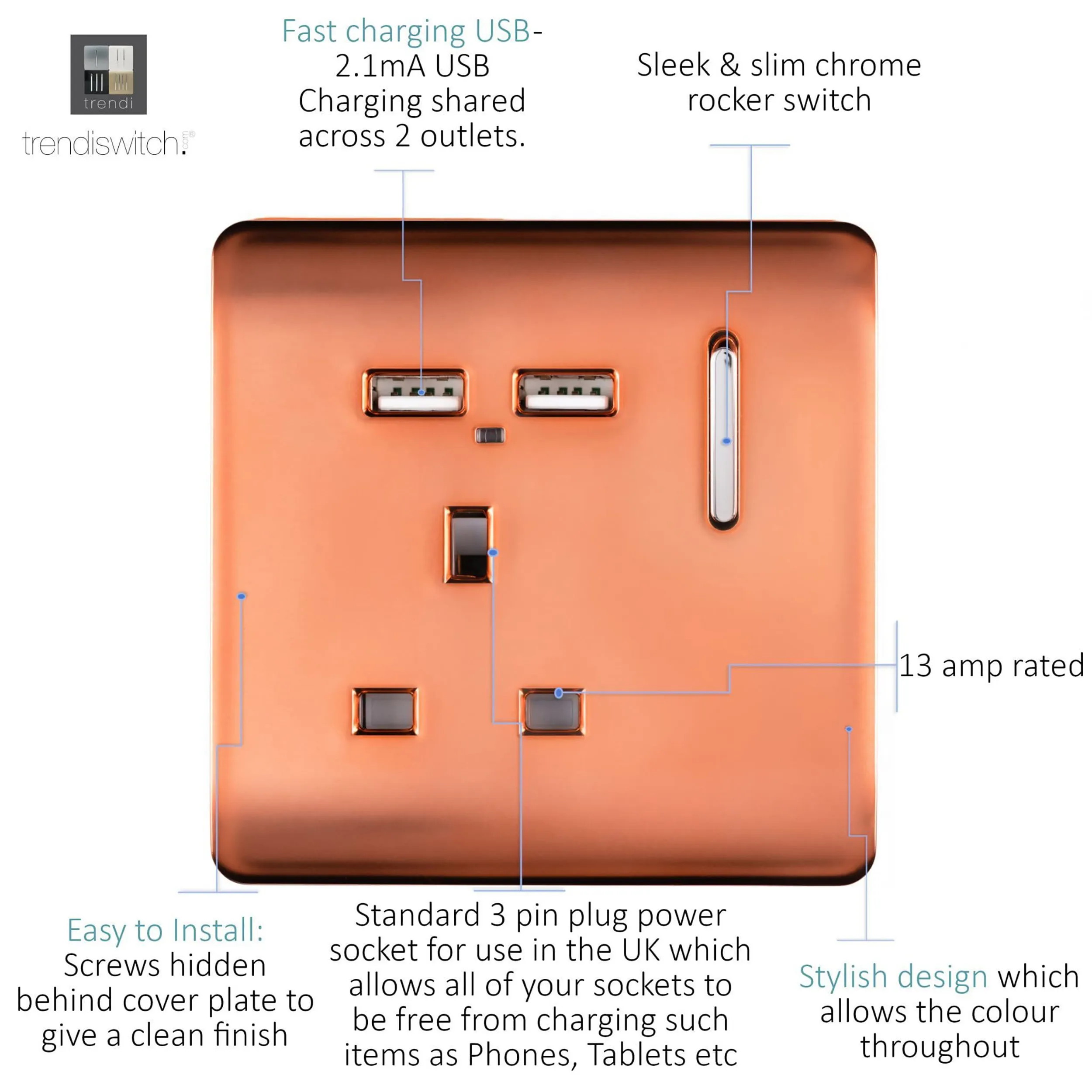 1 Gang 13Amp Switched Single Socket With 2 x USB Copper ART-SKT13USBCPR  Trendi Copper